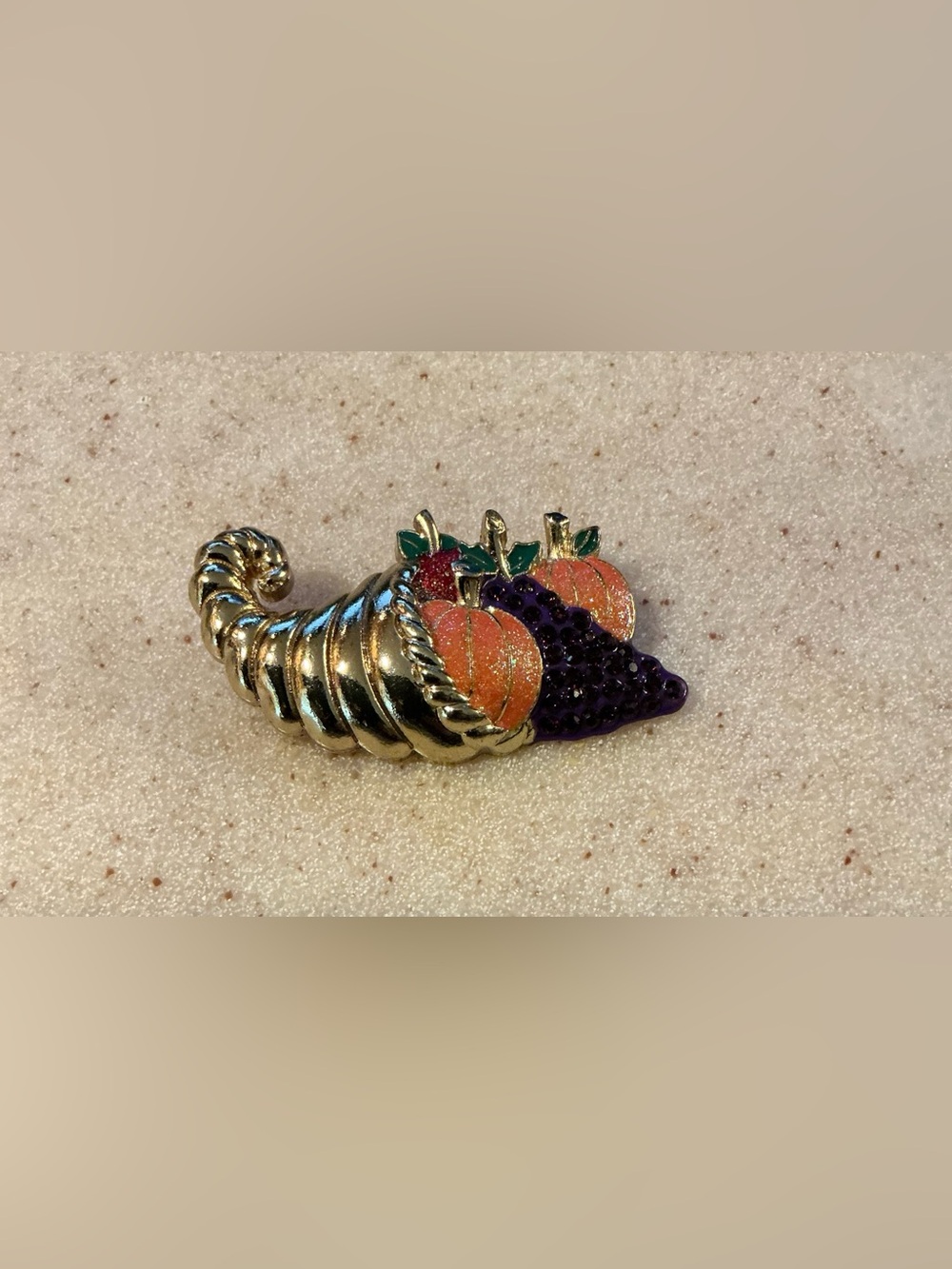 Gold Cornucopia Brooch with Orange Pumpkins and Purple Grapes